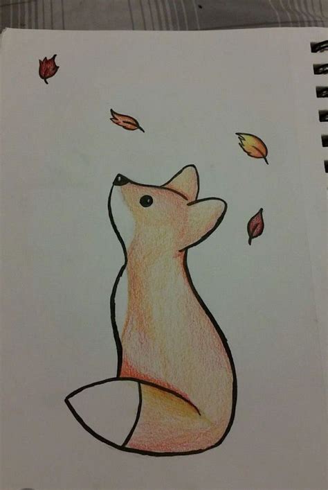 For boys and girls, kids and adults, teenagers and toddlers, preschoolers and older kids at school. baby-fox-looking-up-at-falling-leaves-cute-things-to-draw-colored-drawing-on-white-background in ...