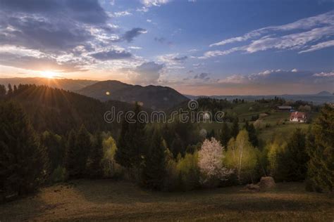 Spring Sunset Landscape In Bran Brasov Transylvania Romania