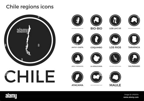 Chile Regions Icons Black Round Logos With Country Regions Maps And