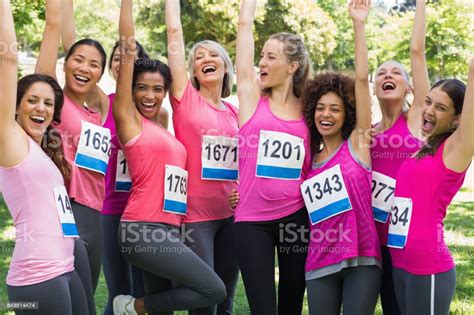 Female Breast Cancer Marathon Runners Cheering Stock Photo Download