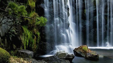 Tropical Waterfall Cascade Rocks Moss Nature Wallpaper For