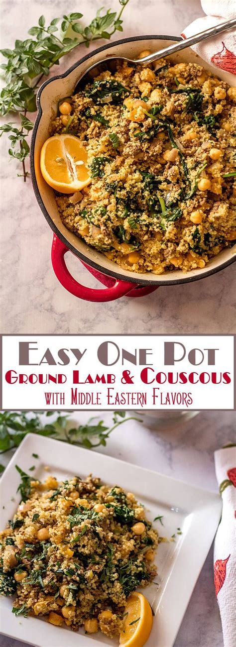 This is good as far as the tlavorings go although i would add a teaspoon or two of harrisa (can be found in most middle eastern stores) and prefer my lamb in chunks rather than ground. Fragrant Easy One Pot Ground Lamb and Couscous combines Middle Eastern spices with dried fruit ...
