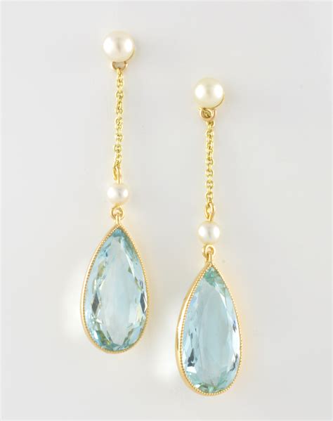 Ct Gold Aquamarine And Pearl Drop Earrings