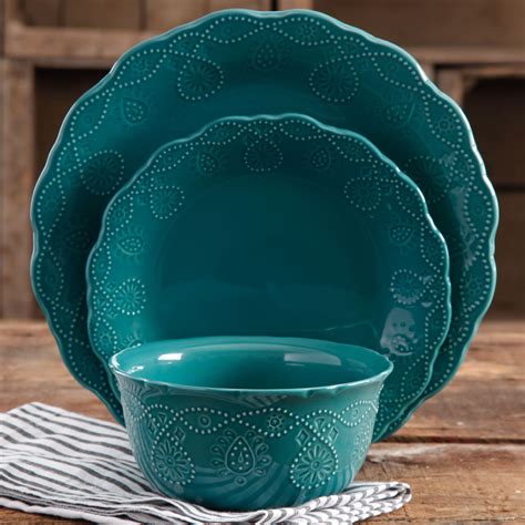Cowgirl Lace 12 Piece Dinnerware Set Teal