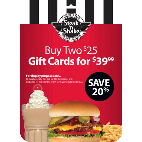 Because we are a marketplace, discounts and inventory often fluctuate. $25 Steak 'n Shake Gift Card, 2 pk. - BJ's Wholesale Club