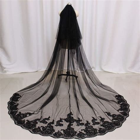 Jydqm Black Long Wedding Veil With Sequined Lace Cathedral Bridal Veil