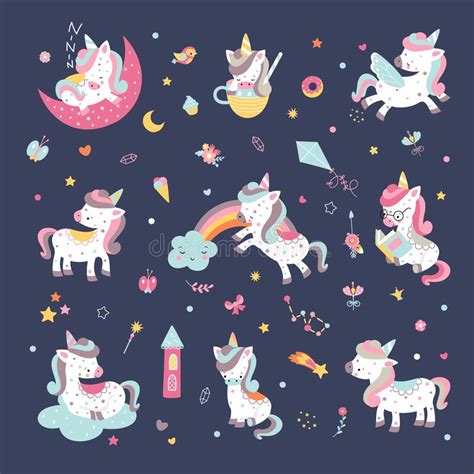 Cute Cartoon Unicorns On Rainbow Unicorn Flat Comic Baby Stickers