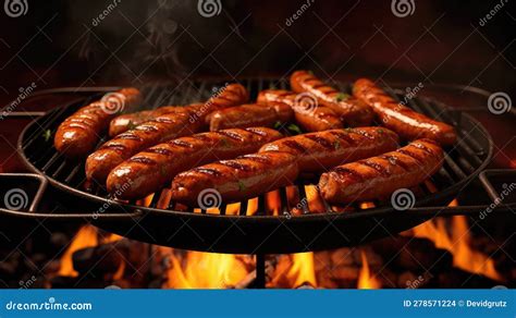 Grilled Sausages Are Cooked On A Barbecue Gril Generative Ai Stock Illustration Illustration