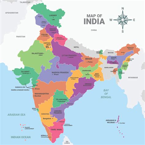 India Map With City Names 23022032 Vector Art At Vecteezy