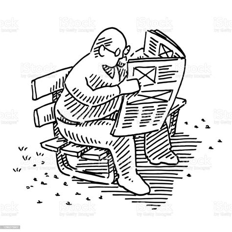 Man Sitting On Park Bench Reading Newspaper Drawing Stock Illustration