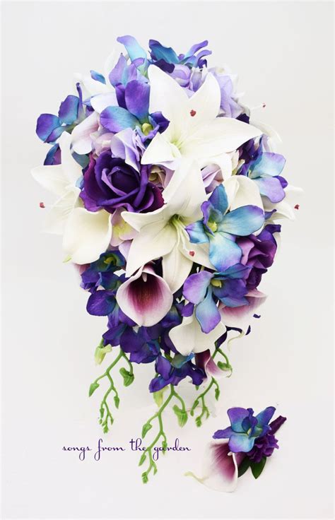 Cascade Bridal Bouquet Blue Orchids Real Touch Purple Roses Lilies