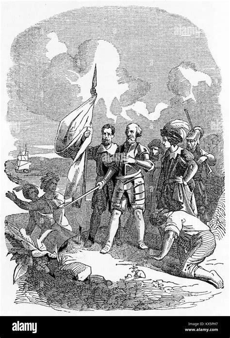 Engraving Of Christopher Columbus Landing In The New World From A New