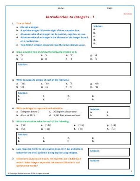 Early on algebraic equations are formed by means of basic arithmetic, but we can also understand patterns through the use of inequalities. Introduction to Integers | Fifth Grade Math Worksheets ...