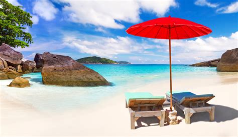 Thailand Scenery Tropics Stones Coast Umbrella Sunlounger Beach