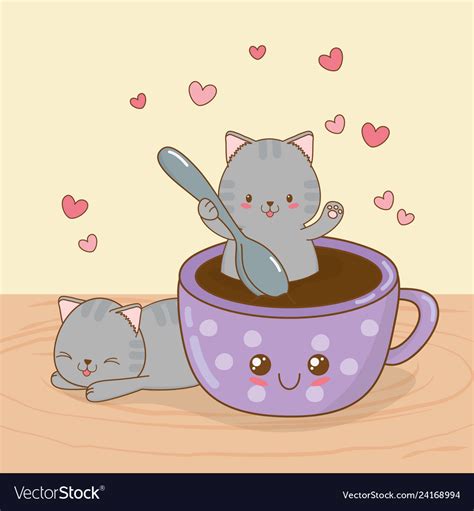 Cute Little Cats With Coffee Cup Kawaii Characters
