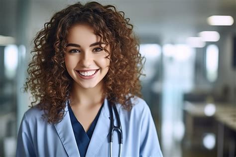 Premium Ai Image A Woman In A Blue Scrubs Smiles At The Camera