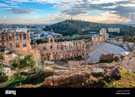Sunset Over The Odeon Of Herodes Atticus Located On The Southwest