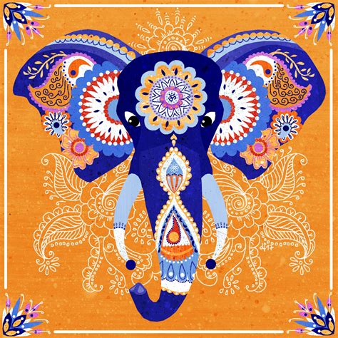 Indian Elephant Illustration By Daniela Faber 2017 Blue Orange Red White Light Dark