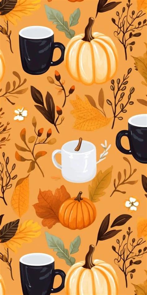 An Orange Background With Coffee Cups And Autumn Leaves