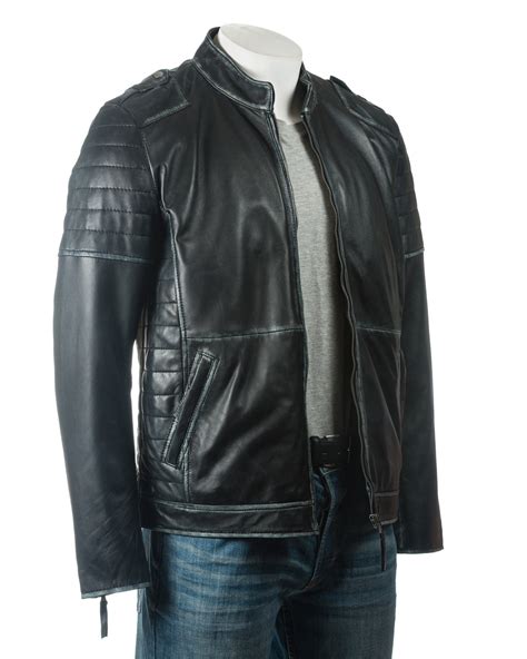 Mens Black Distressed Collarless Biker Style Leather Jacket Leather Shop
