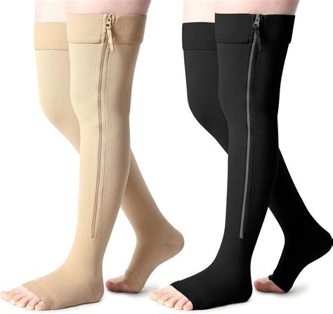 Amazon Com Pairs Open Toe Thigh High Zipper Compression Socks