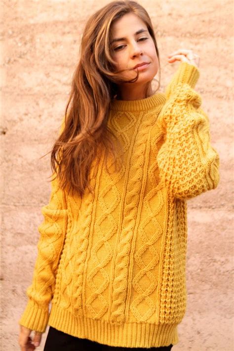 Mustard Yellow Cable Knit Sweater Slouchy Oversize By Ziavintage 45