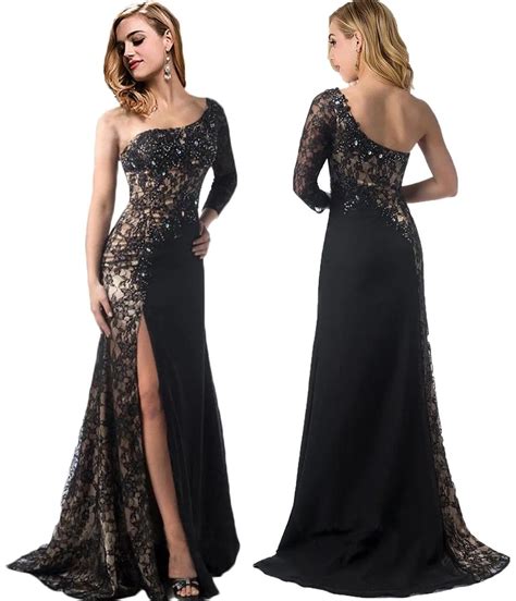 Luxury One Shoulder Black Beaded Lace Mermaid Evening Dresses 2016 Sexy