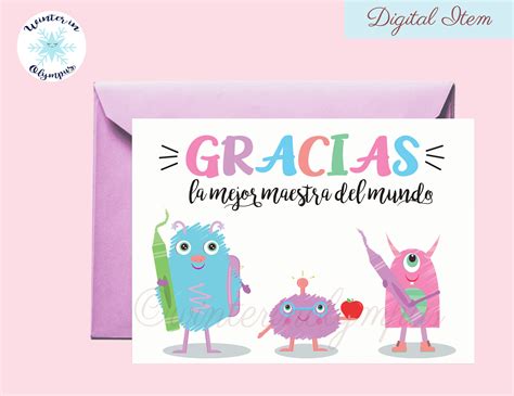 Spanish Teacher Thank You Card Printable With Little Monsters Instant
