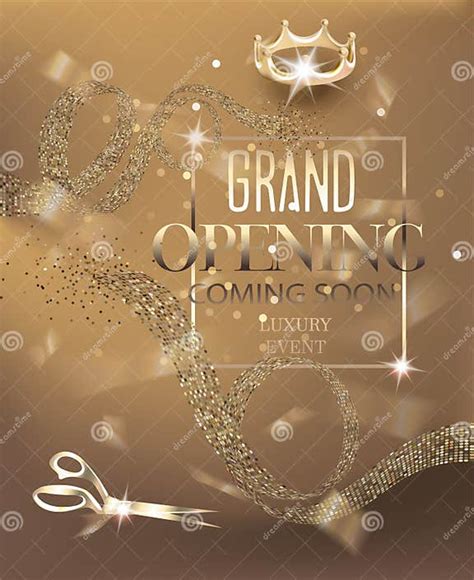 Grand Opening Gold Invitation Card With Curly Ribbons With Pattern