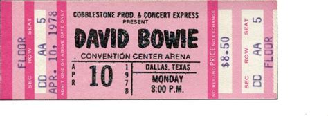 1 1978 David Bowie Vintage Unused Full Concert Ticket Dallas Tx