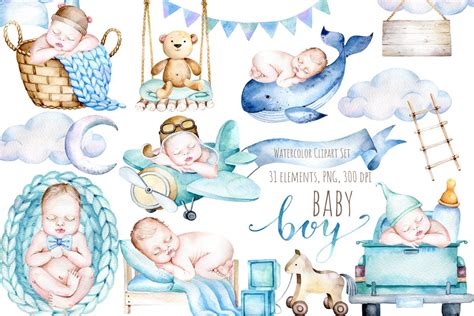 Baby Boy Watercolor Clipart Set Illustrations Creative Market