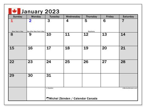 January 2023 Printable Calendar “canada” Michel Zbinden Ca