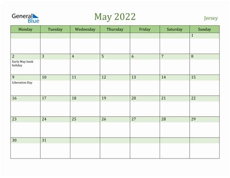 Fillable Holiday Calendar For Jersey May 2022
