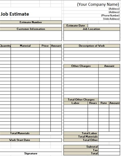13 Free Sample Job Estimate Form Printable Samples