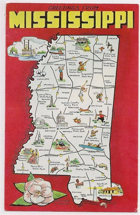 Retro Mississippi Tourist Map Postcard Souvenir Fun Vintage Cartoon