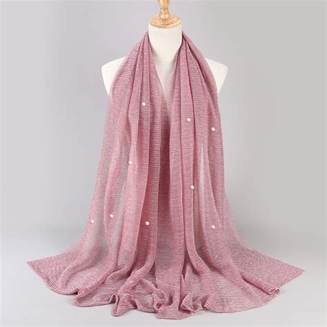 Womens Polyester Glitter Shimmer With Pearls Scarf Hijab Light Pink Ritzy Collection
