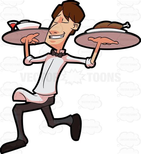 A Happy Waiter Carrying Trays Of Food Waiter White Apron Stock Art