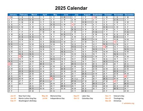 2025 calendar horizontal, one page