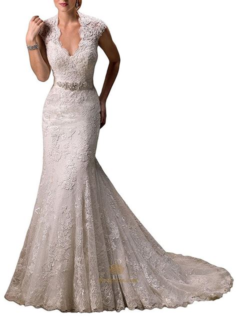 Lace Overlay Cap Sleeve Keyhole Back Mermaid Wedding Dress With Train