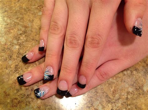 Black French Tip Nails With Flower Design French Tip Nail Designs