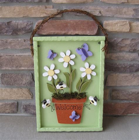 Welcome Flower Pot With Daisies Butterflies And Bees For Home Etsy