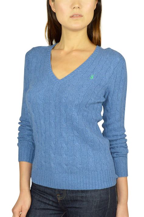 New Ralph Lauren Womens Cable Knit Sweater Ribbed V Neck Ls Blue Xs