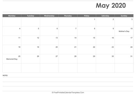 May 2020 Calendar Printable With Holidays