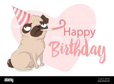 Cute Grumpy Pug Dog With Birthday Cap And Holiday Whistle Vector Hand