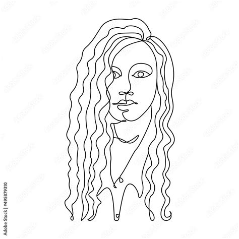 One Line Drawing Of A Beautiful Girl With Long Curly Hair Hand Drawn