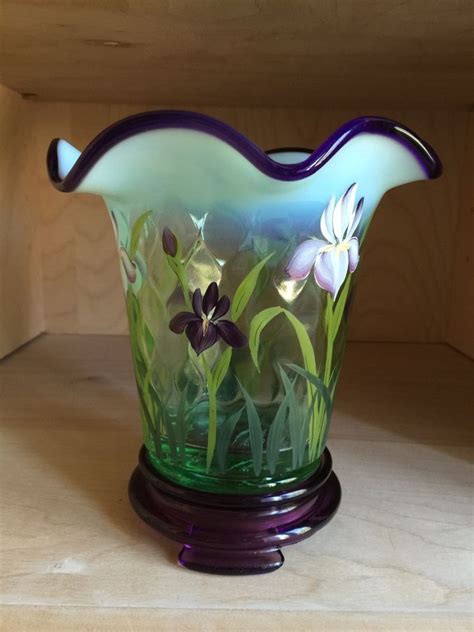 Fenton Designer Willow Green Purple Opalescent Diamond Optic Hand Painted Vase Hand Painted