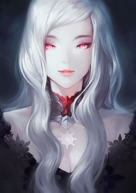 hd wallpaper gray haired female anime character red eyes white hair portrait display