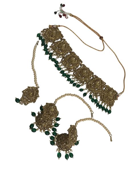 Green And Antique Gold Azra Choker Necklace And Jhumki Set Necklaces