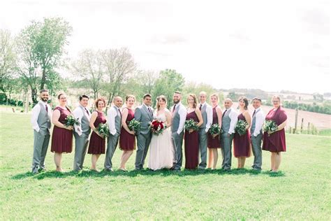 Bridal Party Pictures Mismatched Knee Length Wine Colored Bridesmaids