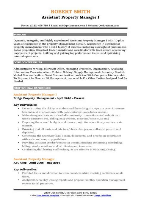 A professional profile shows them exactly what makes you stand out from other applicants. Assistant Property Manager Resume Samples | QwikResume